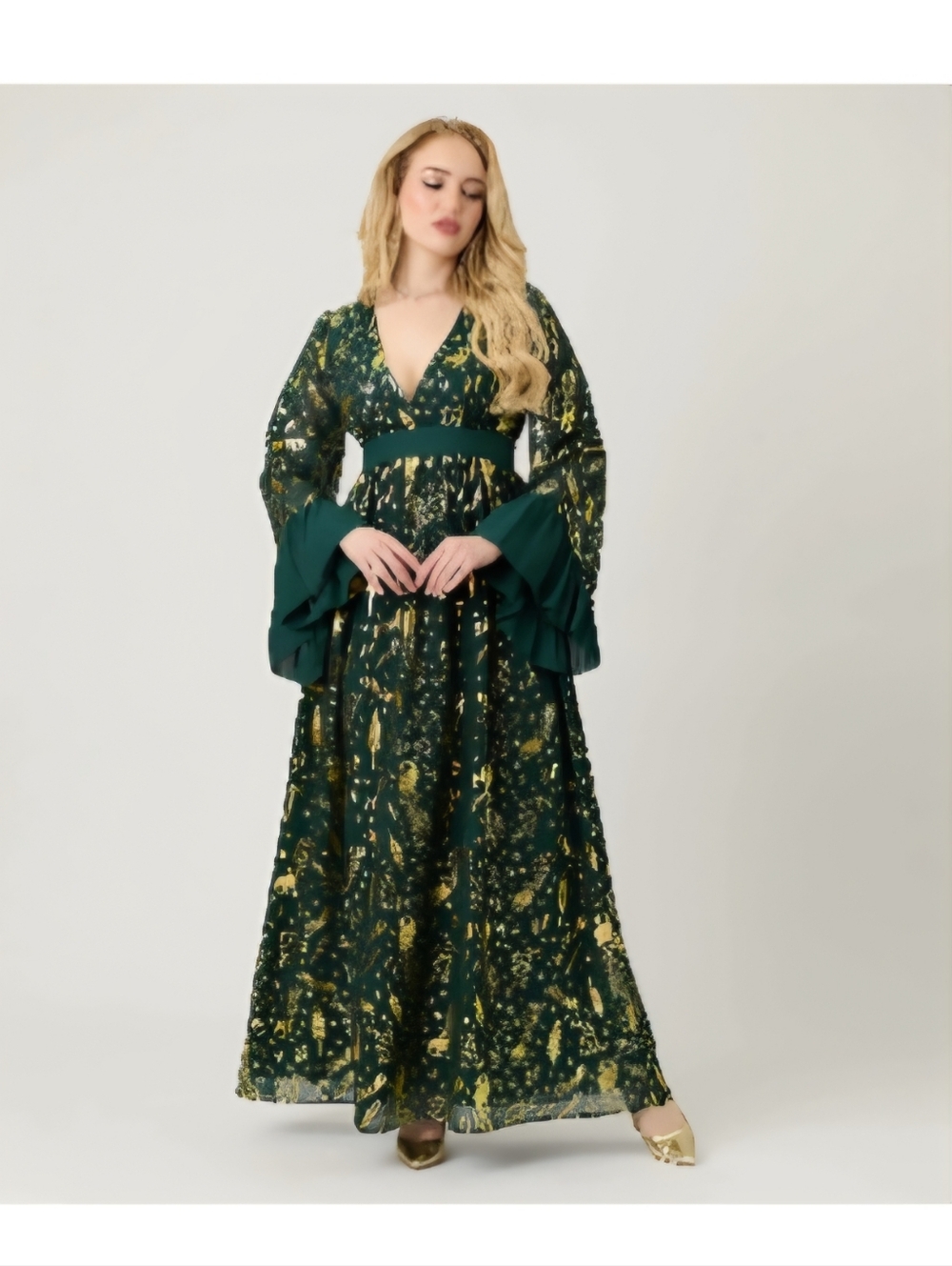 Unique Vintage Brand Green & Gold Foil Peacock Print Empire Waist Maxi Dress - Picture 7 of 9